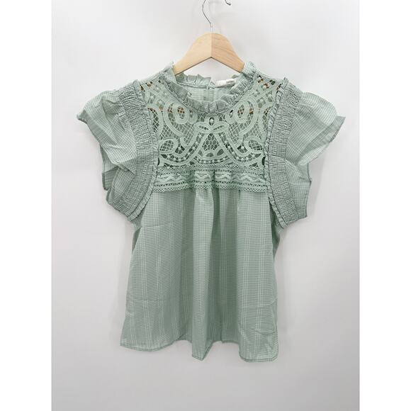 mine Tops - Mine Top Women MEDIUM NWT Mint Sage Green Short Sleeve Ruffle Neck Lace Yoke